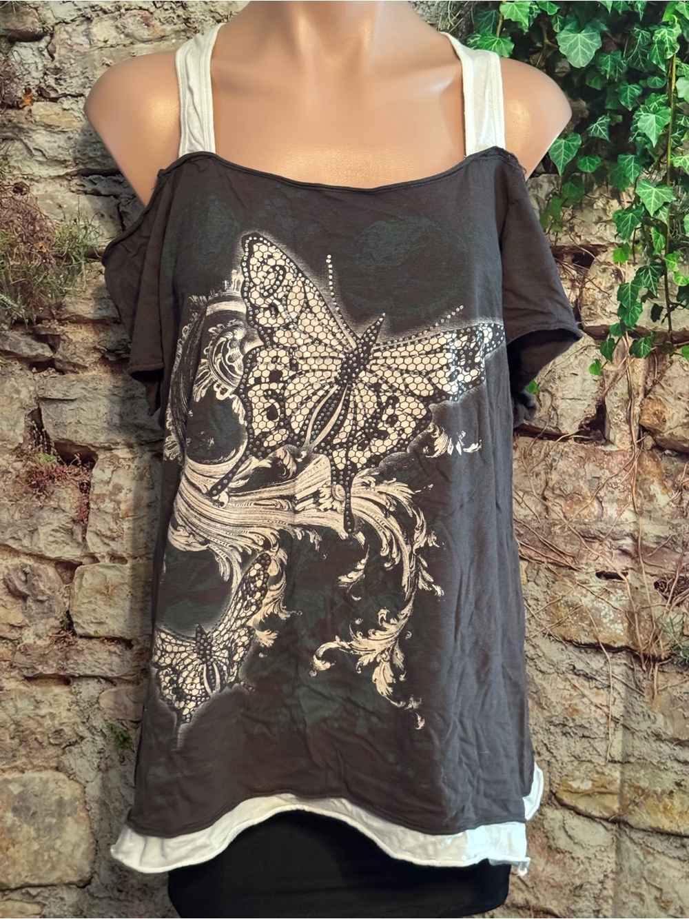 Vintage 90’s Y2K Black Butterfly Graphic Layered Destroyed Top